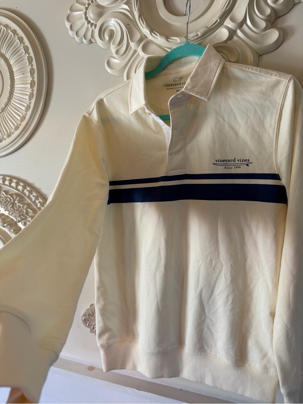 Vineyard Vines Cream Rugby Pullover with Navy Stripes